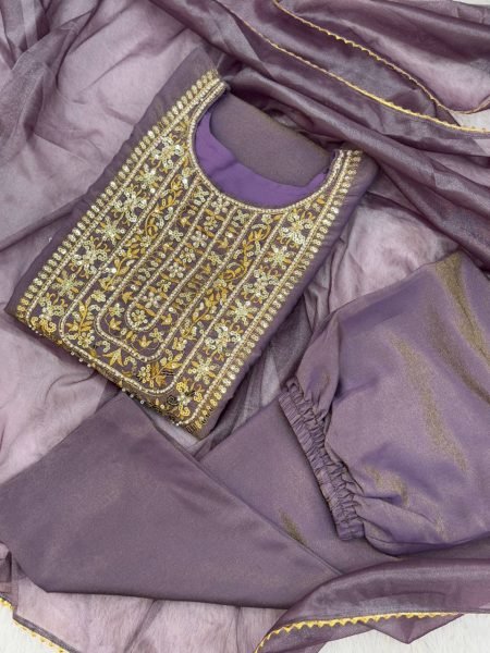Luxurious Purple Roman Kurti 3 Piece Set With Beads Work At Factory to Customer Price Ready To Wear Collection