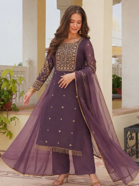 Luxurious Purple Roman Kurti 3 Piece Set With Beads Work At Factory to Customer Price Ready To Wear Collection