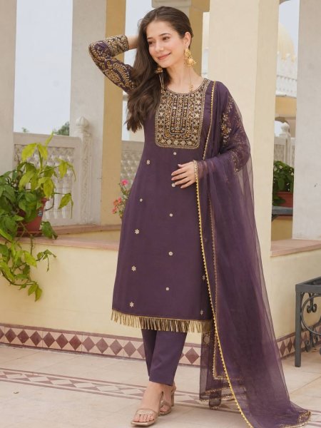 Luxurious Purple Roman Kurti 3 Piece Set With Beads Work At Factory to Customer Price Ready To Wear Collection