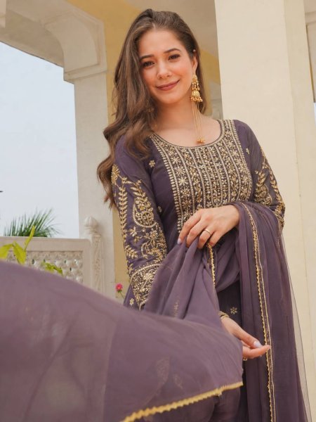 Luxurious Purple Roman Kurti 3 Piece Set With Beads Work At Factory to Customer Price Ready To Wear Collection