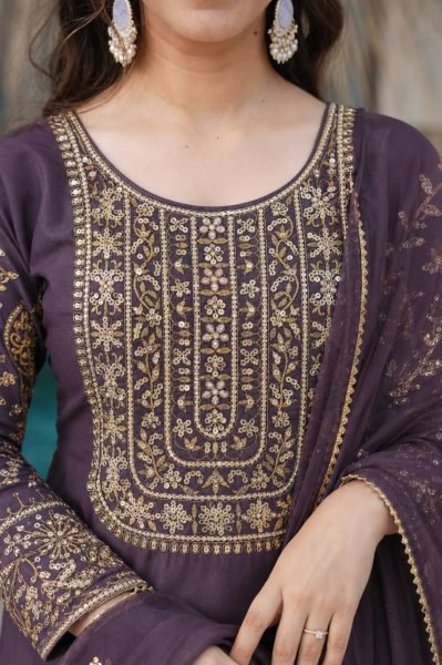 Luxurious Purple Roman Kurti 3 Piece Set With Beads Work At Factory to Customer Price Ready To Wear Collection