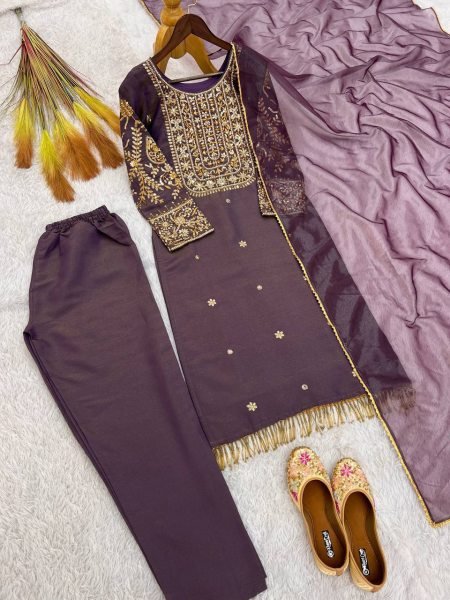 Luxurious Purple Roman Kurti 3 Piece Set With Beads Work At Factory to Customer Price Ready To Wear Collection