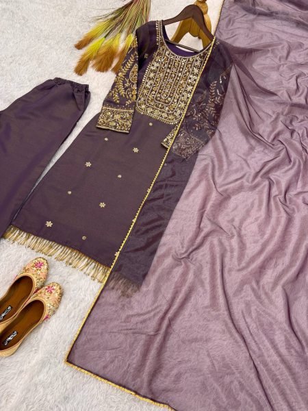 Luxurious Purple Roman Kurti 3 Piece Set With Beads Work At Factory to Customer Price Ready To Wear Collection