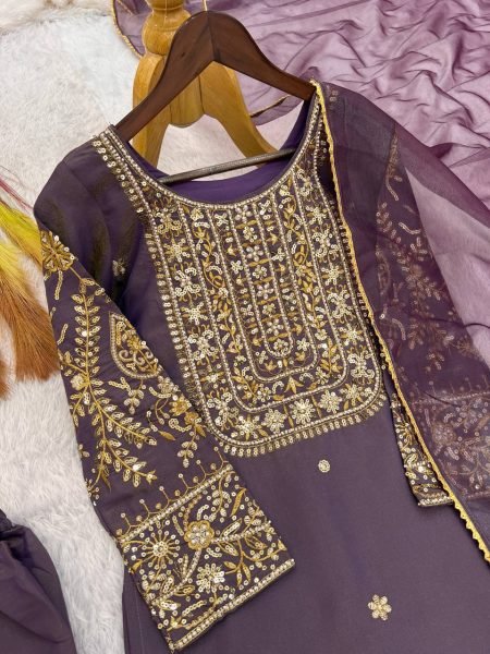 Luxurious Purple Roman Kurti 3 Piece Set With Beads Work At Factory to Customer Price Ready To Wear Collection