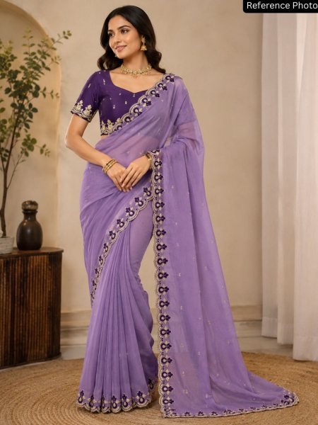 Luxurious Purple Star Georgette Saree with Embroidery Work for Weddings 
