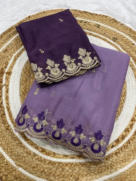 Luxurious Purple Star Georgette Saree with Embroidery Work for Weddings Georgette Sarees Wholesale