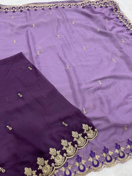 Luxurious Purple Star Georgette Saree with Embroidery Work for Weddings Georgette Sarees Wholesale