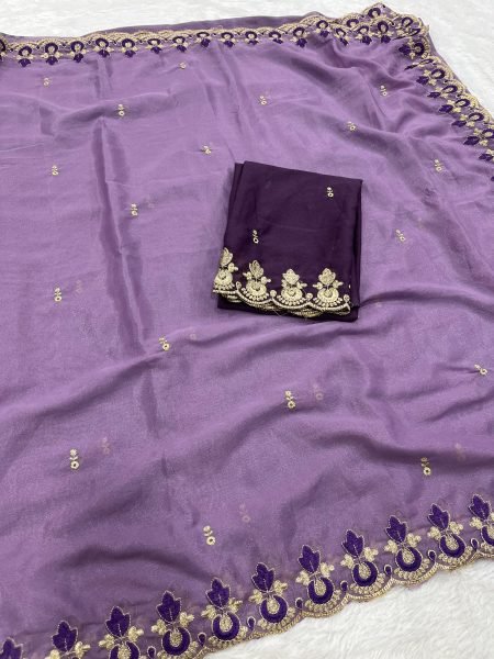 Luxurious Purple Star Georgette Saree with Embroidery Work for Weddings Georgette Sarees Wholesale