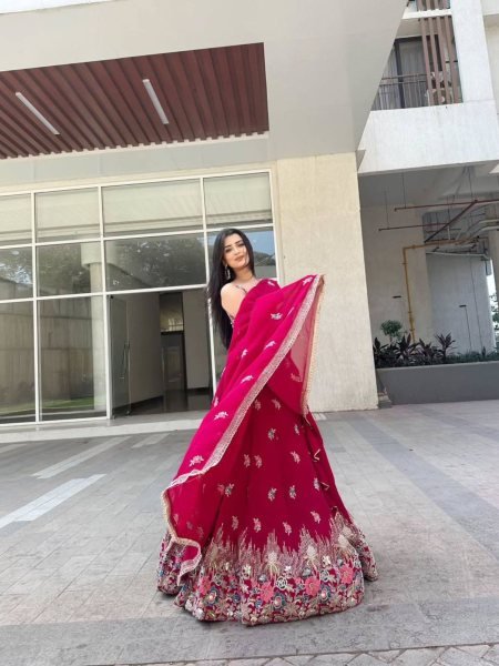 Luxurious Rani Pink Faux Georgette Lehenga Choli with Coding Dori Sequins Work  Lehenga