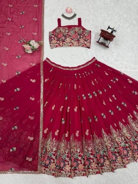 Luxurious Rani Pink Faux Georgette Lehenga Choli with Coding Dori Sequins Work Designer Lehenga Choli
