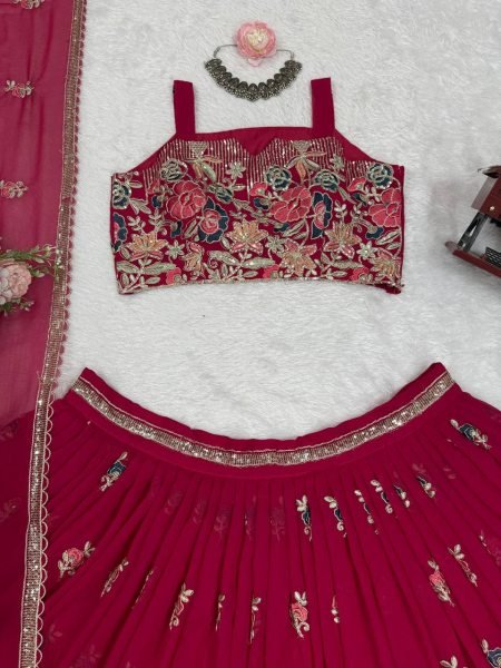 Luxurious Rani Pink Faux Georgette Lehenga Choli with Coding Dori Sequins Work Designer Lehenga Choli