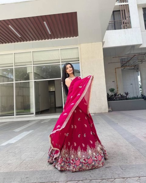 Luxurious Rani Pink Faux Georgette Lehenga Choli with Coding Dori Sequins Work Designer Lehenga Choli