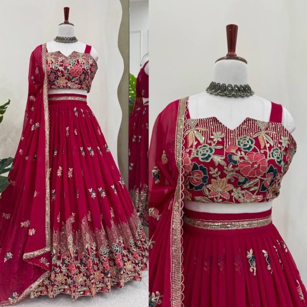 Luxurious Rani Pink Faux Georgette Lehenga Choli with Coding Dori Sequins Work Designer Lehenga Choli