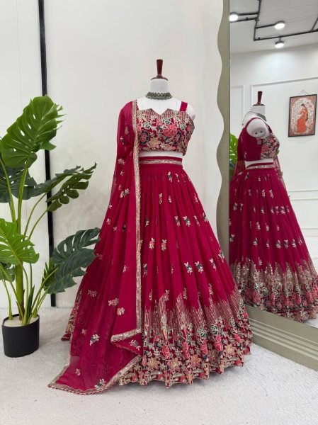 Luxurious Rani Pink Faux Georgette Lehenga Choli with Coding Dori Sequins Work Designer Lehenga Choli