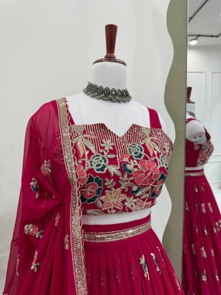 Luxurious Rani Pink Faux Georgette Lehenga Choli with Coding Dori Sequins Work Designer Lehenga Choli