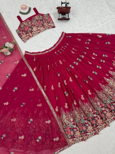Luxurious Rani Pink Faux Georgette Lehenga Choli with Coding Dori Sequins Work Designer Lehenga Choli