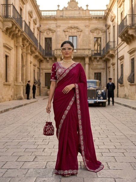 Luxurious Red Boutique Collection Heavy Embroidery Saree at Wholesale Rate 