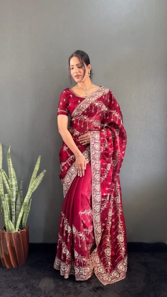Luxurious Red Designer Heavy Jimmy Choo Silk Saree For Women Fashion JIMMY CHOO SAREE