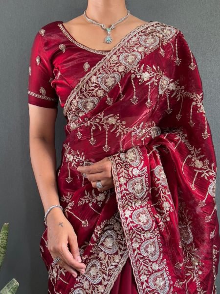 Luxurious Red Designer Heavy Jimmy Choo Silk Saree For Women Fashion JIMMY CHOO SAREE