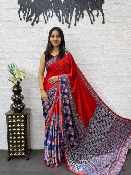 Luxurious Red Japan Satin Silk Mirror Work Saree for Party and Festive Wear Sarees 