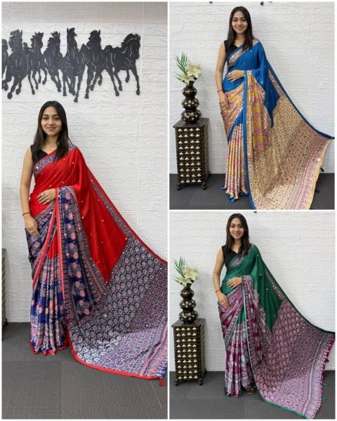 Luxurious Red Japan Satin Silk Mirror Work Saree for Party and Festive Wear Silk Sarees Wholesale
