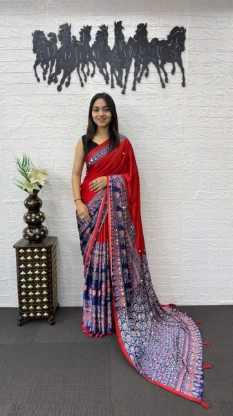 Luxurious Red Japan Satin Silk Mirror Work Saree for Party and Festive Wear Silk Sarees Wholesale