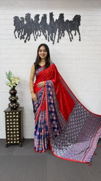 Luxurious Red Japan Satin Silk Mirror Work Saree for Party and Festive Wear Silk Sarees Wholesale