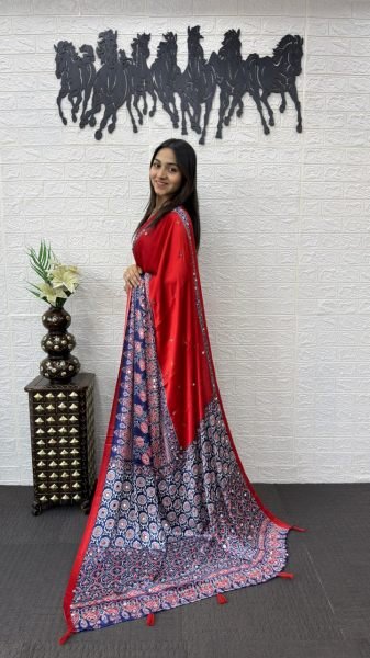 Luxurious Red Japan Satin Silk Mirror Work Saree for Party and Festive Wear Silk Sarees Wholesale