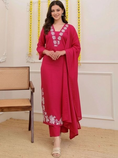 Luxurious Red Slub Cotton Kurta Pant Set with Beautiful Embroidery and Nazmin Dupatta for Women Kurtis