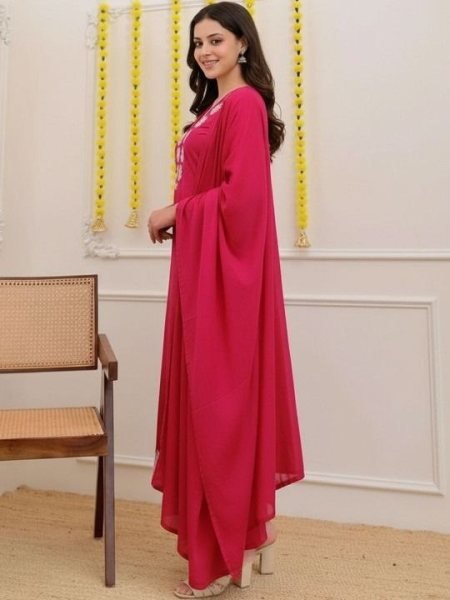 Luxurious Red Slub Cotton Kurta Pant Set with Beautiful Embroidery and Nazmin Dupatta for Women Embroidery Kurtis 