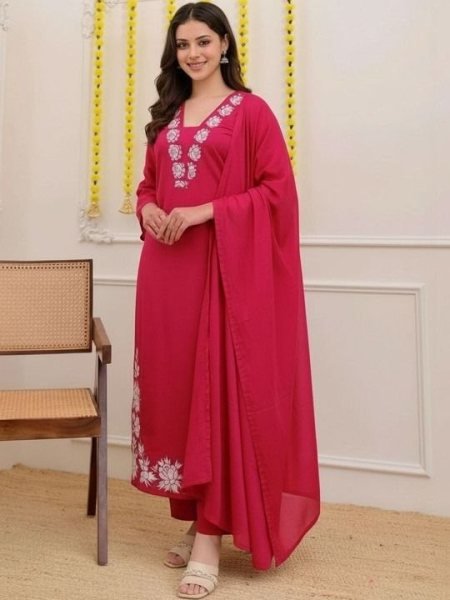 Luxurious Red Slub Cotton Kurta Pant Set with Beautiful Embroidery and Nazmin Dupatta for Women Embroidery Kurtis 