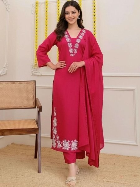Luxurious Red Slub Cotton Kurta Pant Set with Beautiful Embroidery and Nazmin Dupatta for Women Embroidery Kurtis 