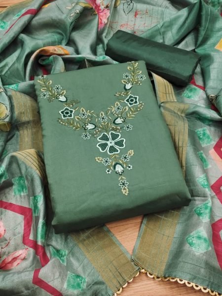Luxurious Green Color Roman Silk dress materials Collection with Maslin Digital Print Dupatta Color Set Matching Dress Material Wholesale