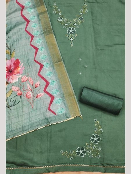 Luxurious Green Color Roman Silk dress materials Collection with Maslin Digital Print Dupatta Color Set Matching Dress Material Wholesale