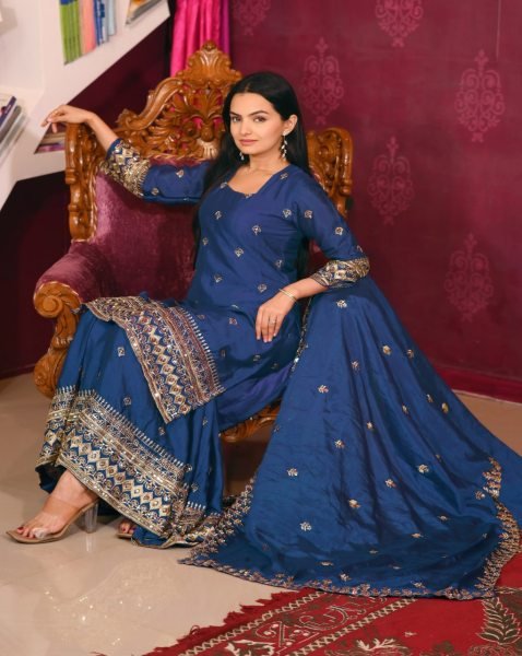 Luxurious Royal Blue Embroidered Sharara Suit in Chinon Silk with Heavy Sequence Work and Lace Border Dupatta Ready To Wear Collection