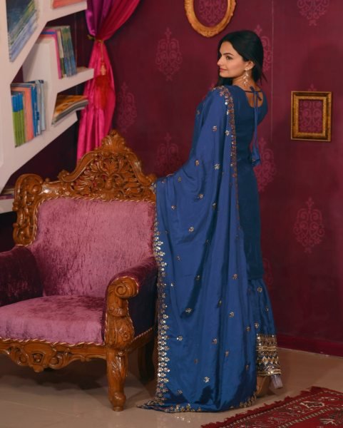 Luxurious Royal Blue Embroidered Sharara Suit in Chinon Silk with Heavy Sequence Work and Lace Border Dupatta Ready To Wear Collection