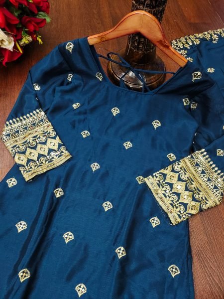 Luxurious Royal Blue Embroidered Sharara Suit in Chinon Silk with Heavy Sequence Work and Lace Border Dupatta Ready To Wear Collection
