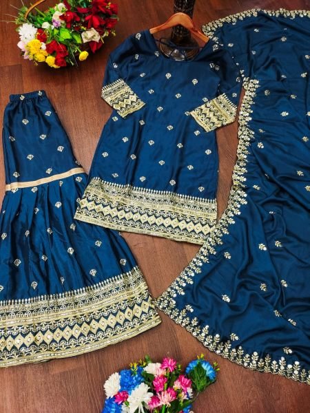 Luxurious Royal Blue Embroidered Sharara Suit in Chinon Silk with Heavy Sequence Work and Lace Border Dupatta Ready To Wear Collection