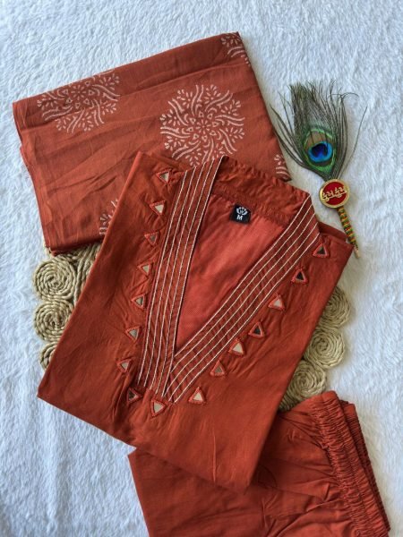 Luxurious Rust A Line Cotton Kurti Set with Real Mirror Work and  Mul Cotton Dupatta for Office Wear Cotton Kurtis Wholesale