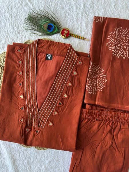 Luxurious Rust A Line Cotton Kurti Set with Real Mirror Work and  Mul Cotton Dupatta for Office Wear Cotton Kurtis Wholesale