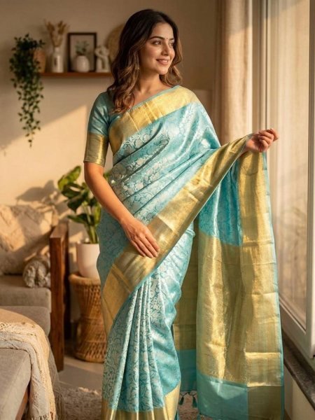 Luxurious Sky Blue Banarasi Silk Saree with Golden Floral Design and Matching Running Blouse Sarees 