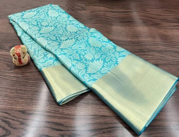Luxurious Sky Blue Banarasi Silk Saree with Golden Floral Design and Matching Running Blouse Silk Sarees Wholesale