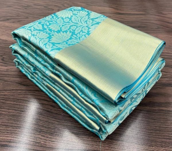Luxurious Sky Blue Banarasi Silk Saree with Golden Floral Design and Matching Running Blouse Silk Sarees Wholesale