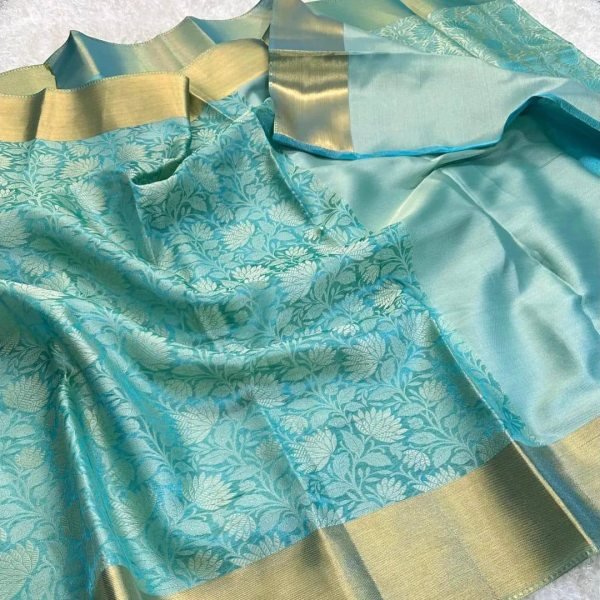 Luxurious Sky Blue Banarasi Silk Saree with Golden Floral Design and Matching Running Blouse Silk Sarees Wholesale