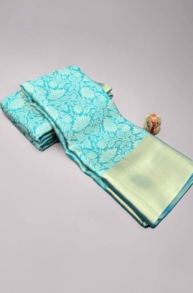 Luxurious Sky Blue Banarasi Silk Saree with Golden Floral Design and Matching Running Blouse Silk Sarees Wholesale
