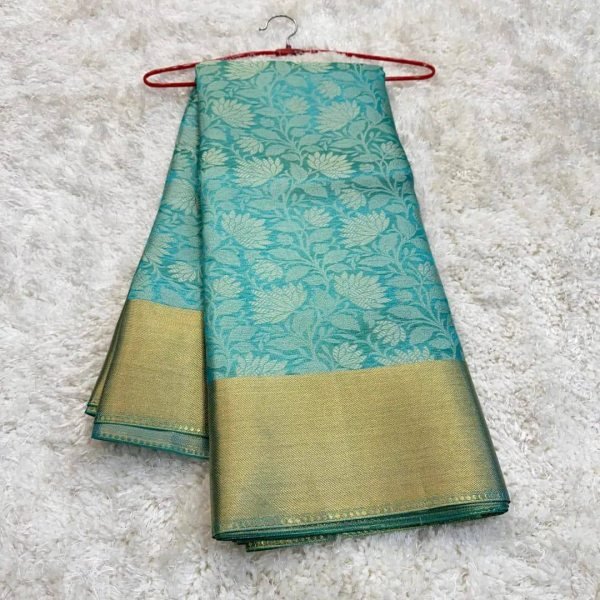 Luxurious Sky Blue Banarasi Silk Saree with Golden Floral Design and Matching Running Blouse Silk Sarees Wholesale