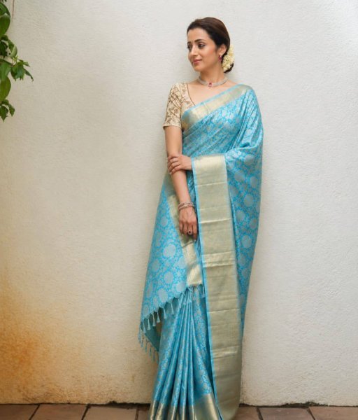 Luxurious Sky Blue Banarasi Silk Saree with Golden Floral Design and Matching Running Blouse Silk Sarees Wholesale