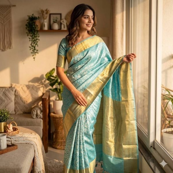 Luxurious Sky Blue Banarasi Silk Saree with Golden Floral Design and Matching Running Blouse Silk Sarees Wholesale