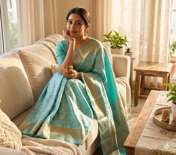 Luxurious Sky Blue Banarasi Silk Saree with Golden Floral Design and Matching Running Blouse Silk Sarees Wholesale