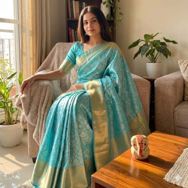 Luxurious Sky Blue Banarasi Silk Saree with Golden Floral Design and Matching Running Blouse Silk Sarees Wholesale